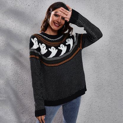 Halloween Cartoon Ghost Polka Dot Pullover Sweater for Women