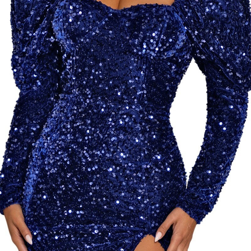 Sequin Backless Party Dress | Elegant Bubble Sleeve Dress for Women