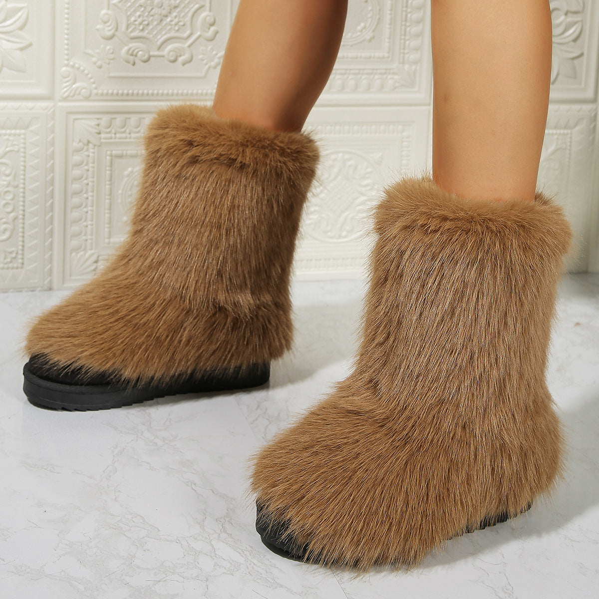 Mid-Tube Furry Cotton Snow Boots for Women | Warm PU Winter Boots Outfit