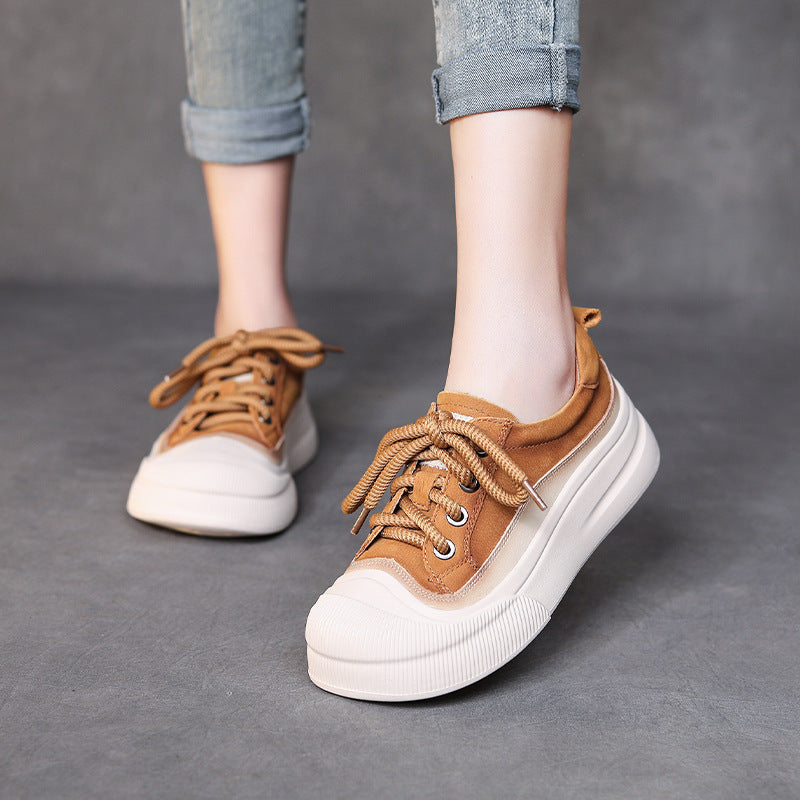 Chunky Bottom Cow Leather Lace Up Slip On Women Shoes