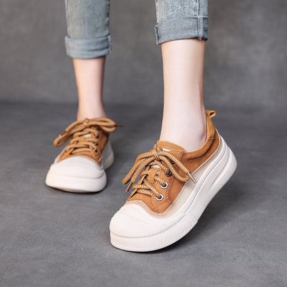 Chunky Bottom Cow Leather Lace Up Slip On Women Shoes