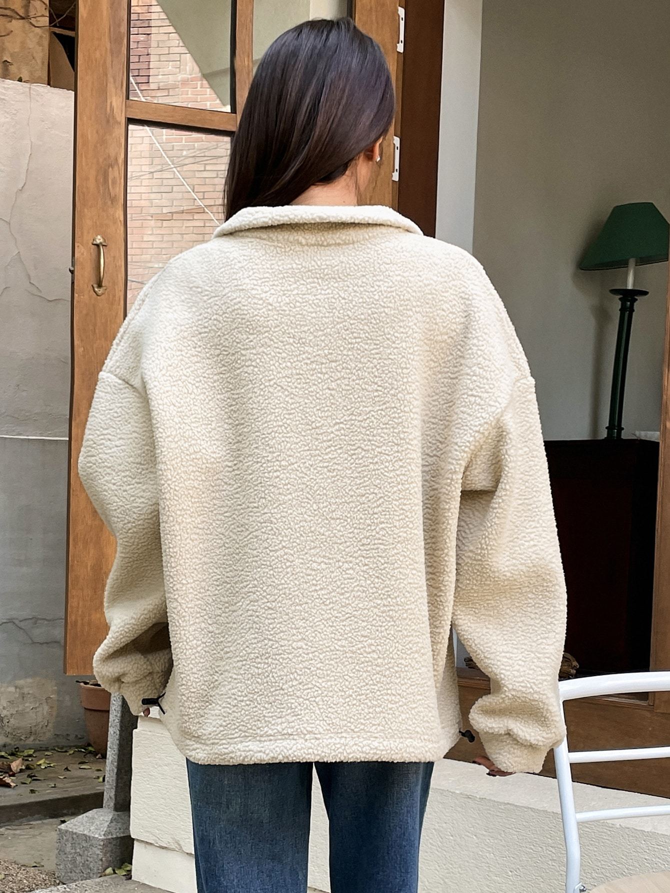 Cozy Patched Detail Half Zip Fleece Sweatshirt