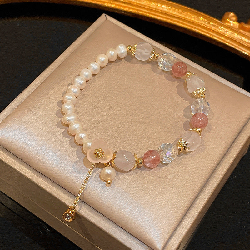 Strawberry Crystal & Pearl Charm Bracelets – Stackable Beaded Bracelets for Women