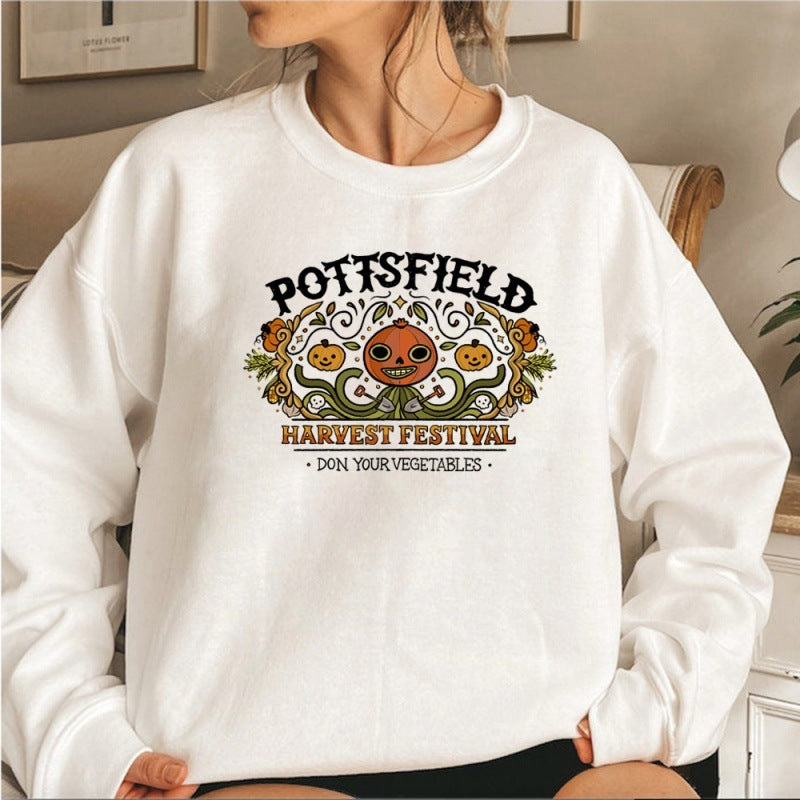 Person wearing a white sweatshirt with 'Pottsfield Harvest Festival' design.