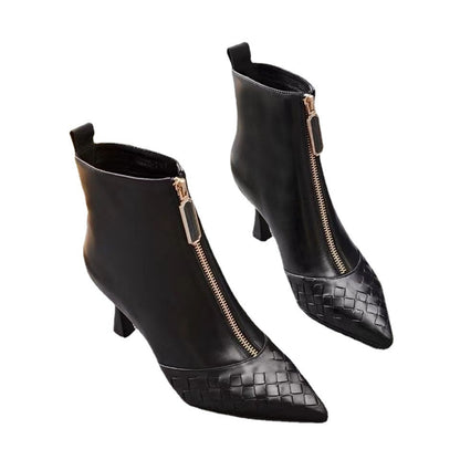 New Brand Quality Leather Chunky High Heels Ankle Boots Front Zipper Square Toe Dress Party Work Shoes