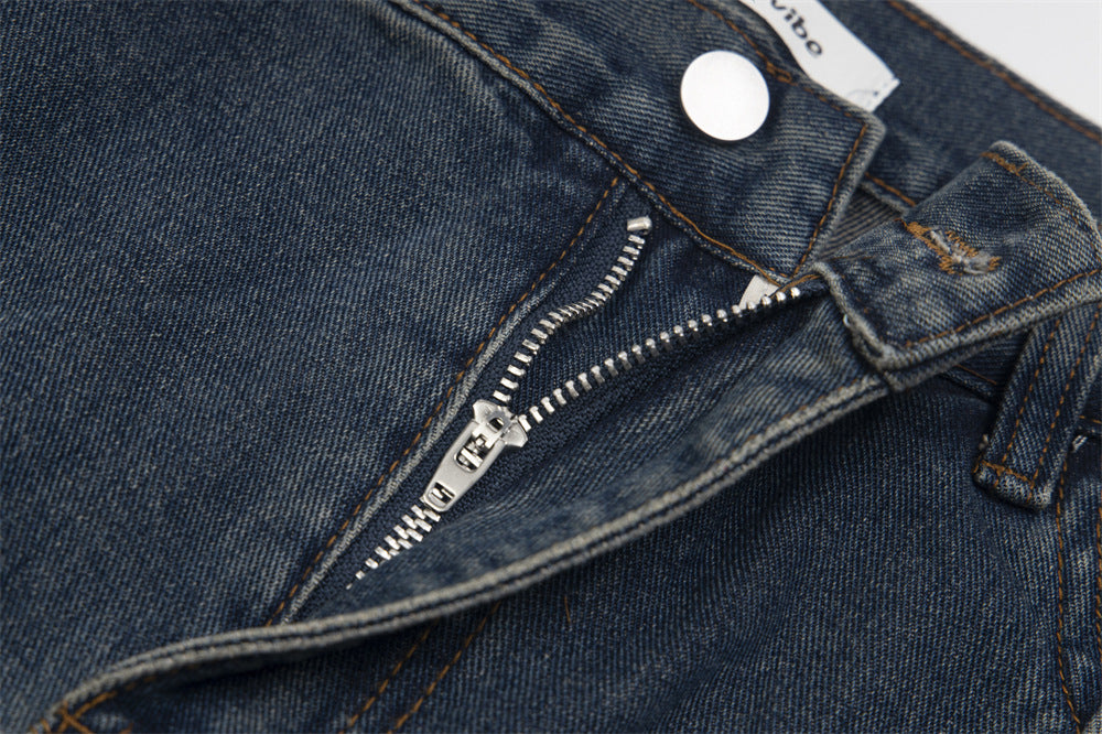 Men’s Blue Ripped Denim Trousers – Mid-Waist Relaxed Fit Jeans