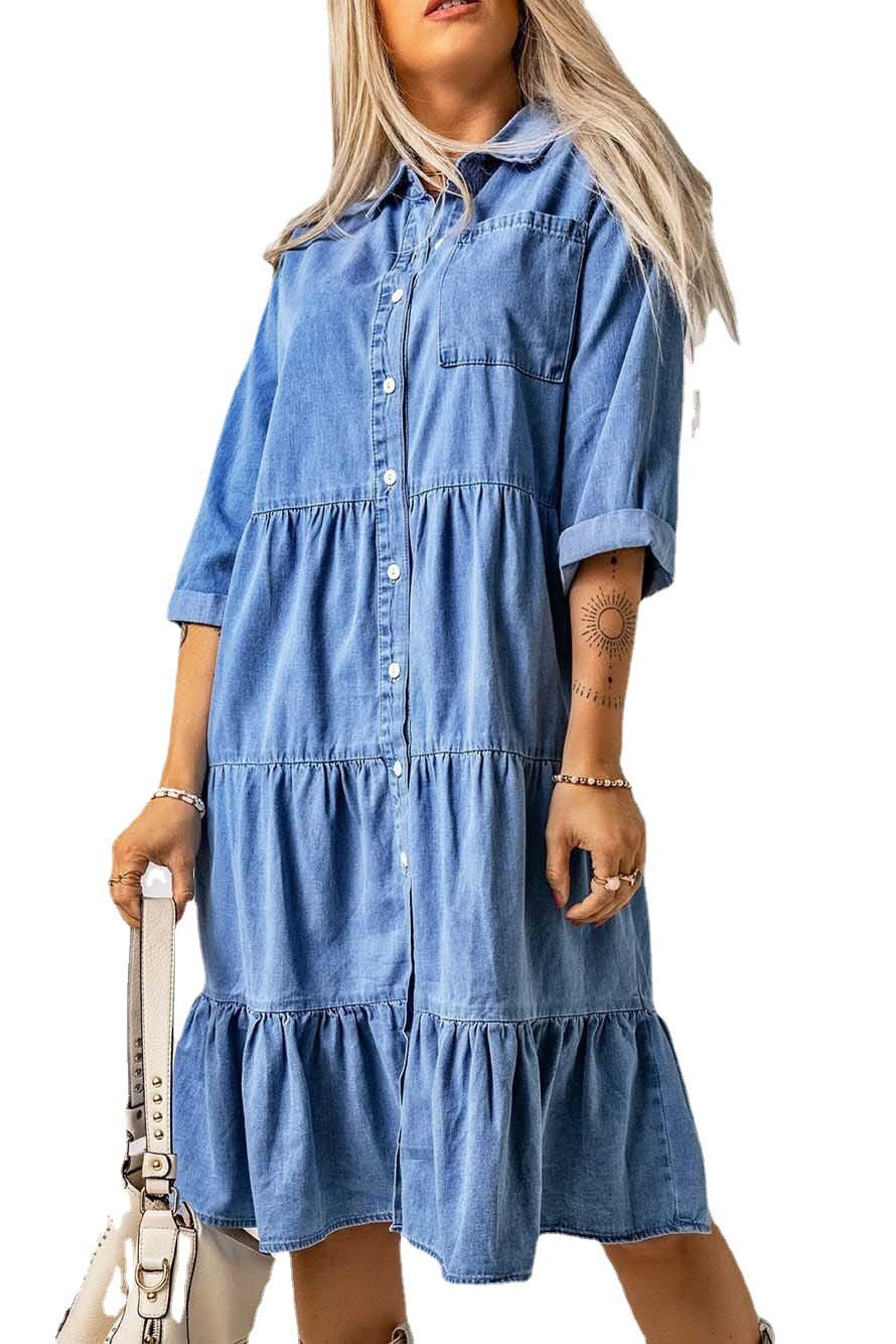 Women Single Breasted Streetwear Denim Midi Dress