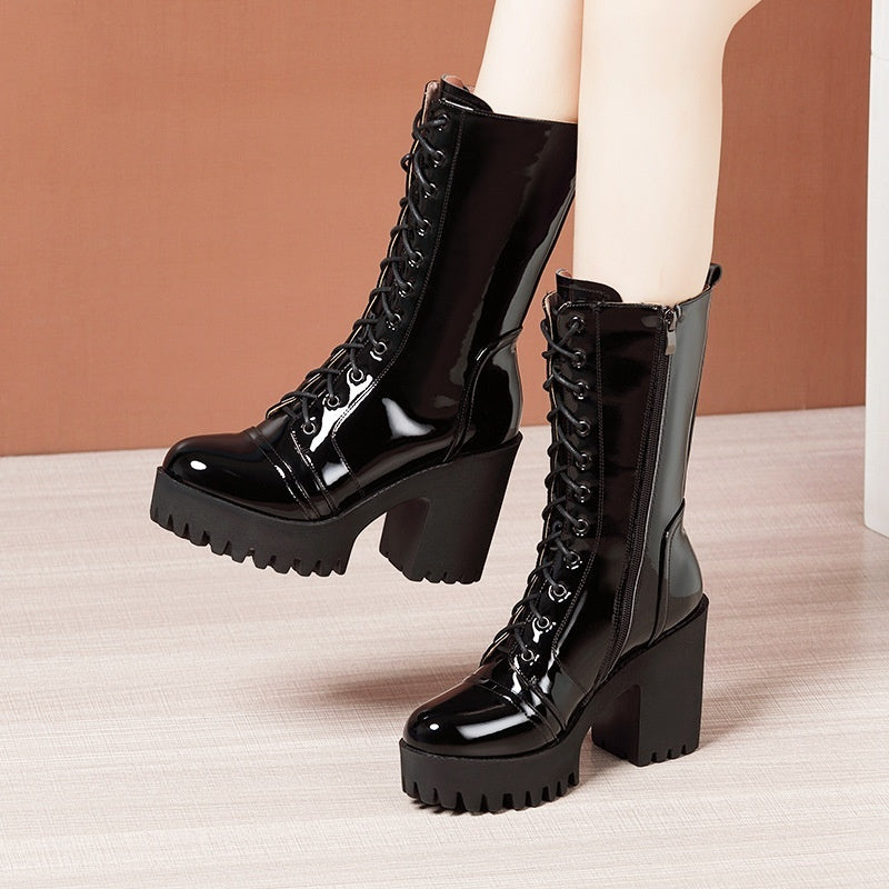 Womens Winter Mid Calf Boots Round Toe Zip Platform Lace Up Warm Boots For Women Comfortable Female Shoes