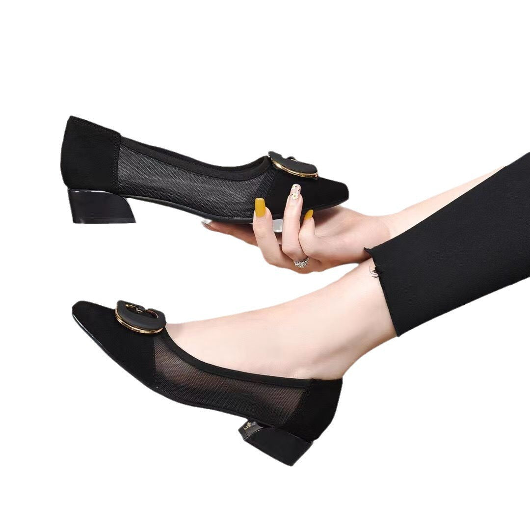 Metal Buckle Pointed-Toe Hollowed Pumps | Elegant Black Suede Heels