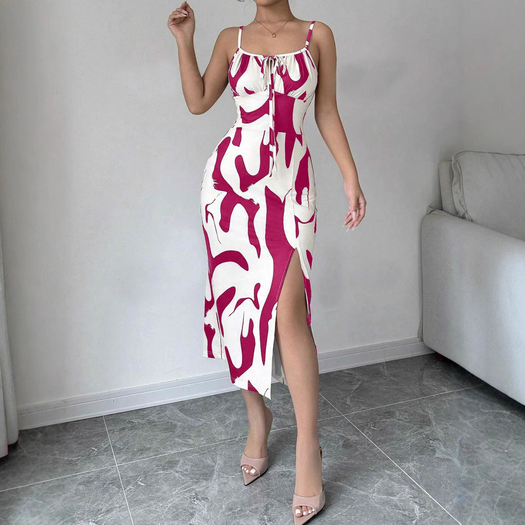 Summer Printed Suspender Split Dress | Flowy Long Dress for Vacations & Casual Outfits