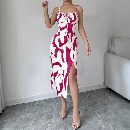 Summer Printed Suspender Split Dress | Flowy Long Dress for Vacations & Casual Outfits