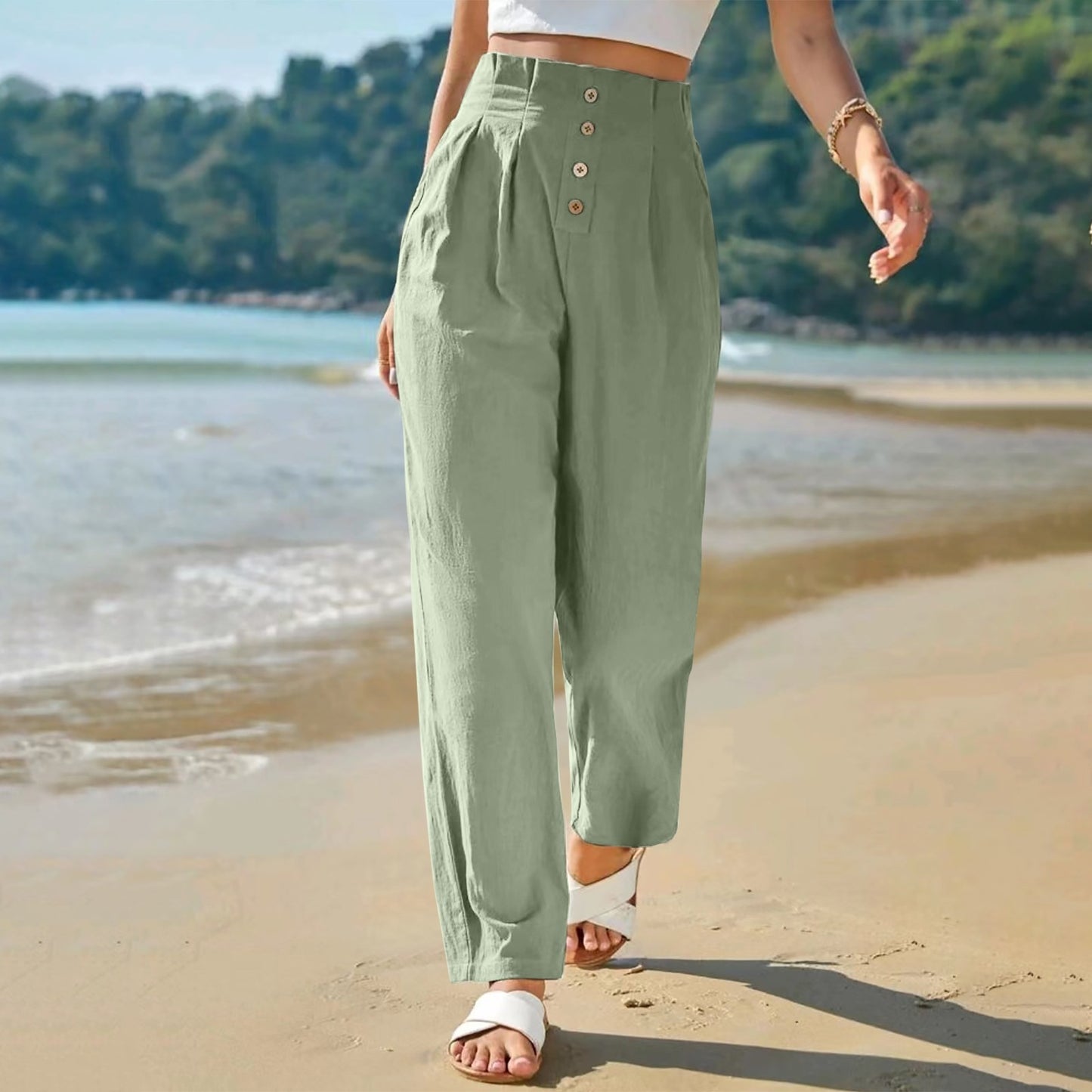 Women’s Casual High Waist Cotton-Linen Trousers – Breathable Straight-Leg Pants