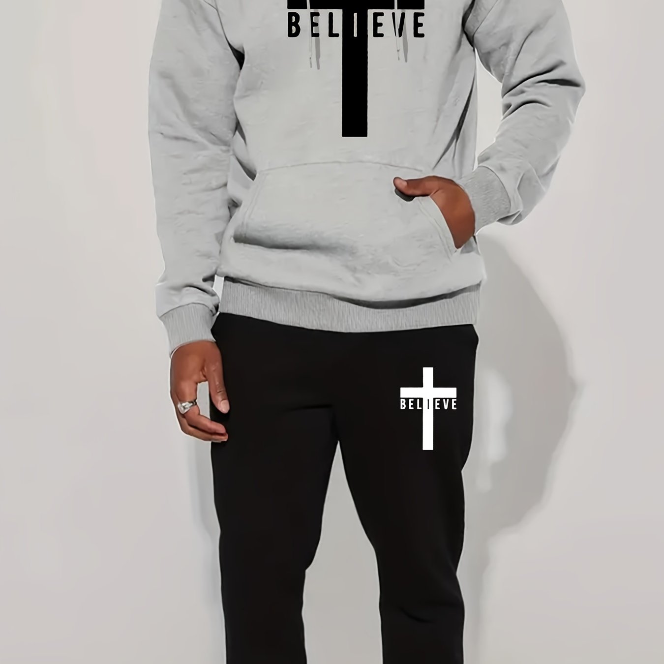 Men’s BELIEVE Cross Print Hoodie & Sweatpants Set – Casual 2-Piece Tracksuit for Fall/Winter Streetwear