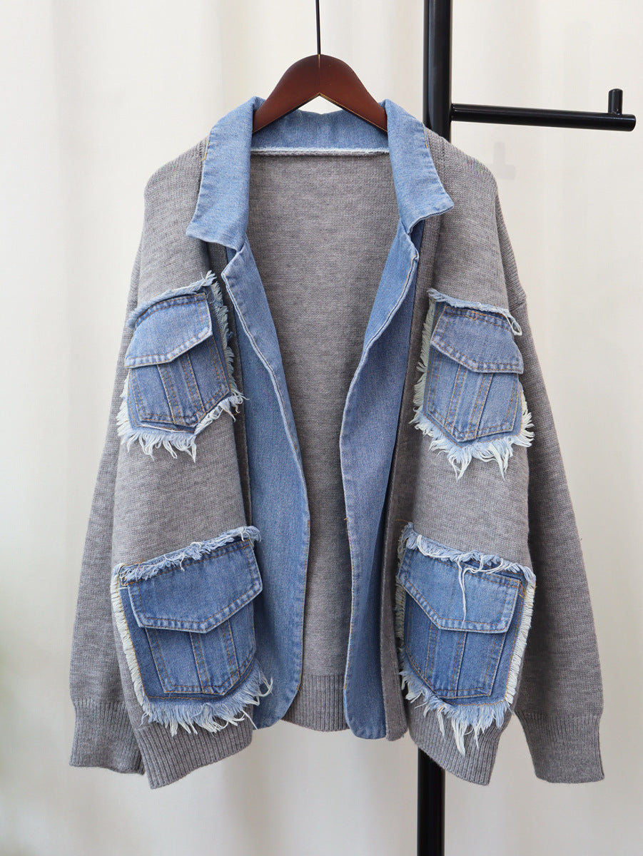 Urban Cool: Denim Stitching Knit Cardigan for Women
