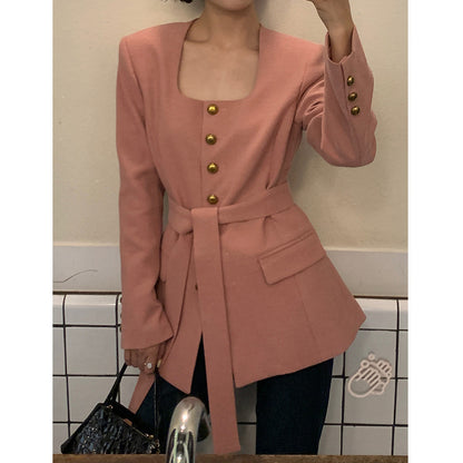 Korean Style Suit Jacket for Women – Pink Belted Blazer | Elegant Commute Coats 2025