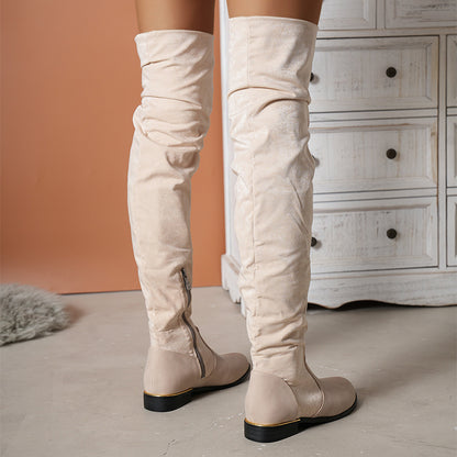 Over-the-Knee Suede Boots for Women | Round Toe Thick Low Heel Winter & Party Boots