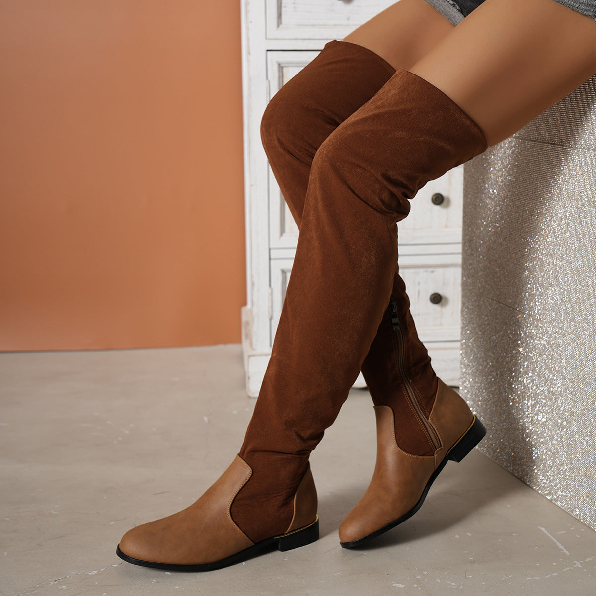 Over-the-Knee Suede Boots for Women | Round Toe Thick Low Heel Winter & Party Boots