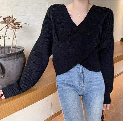Batwing Sleeve Loose V-Neck Sweaters for Women – Cozy Pullover, Elegant Autumn & Winter Outfit