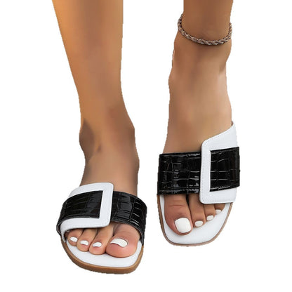 Designer Square Buckle Elegant Flat Slippers For Women