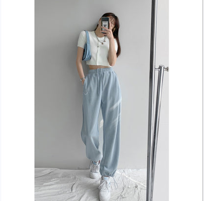 High-Waisted Cotton Streetwear Pants – Smiley Face Embroidered Casual Trousers