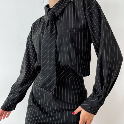 Striped Two-Piece Set for Women – Long Sleeve Tie Shirt & Mini Skirt Officewear Outfit