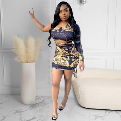 Single Sleeve Printed Top & Irregular Mini Skirt Two-Piece Outfit Set | Bold Style 2025 Aesthetic