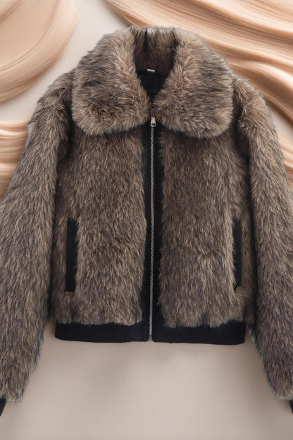 Brown fur jacket on a beige background