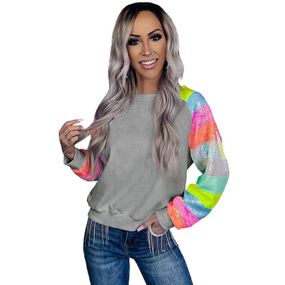 Women’s Casual Pullover Top – Round Neck, Long Sleeves with Sequins, Japanese & Korean Style