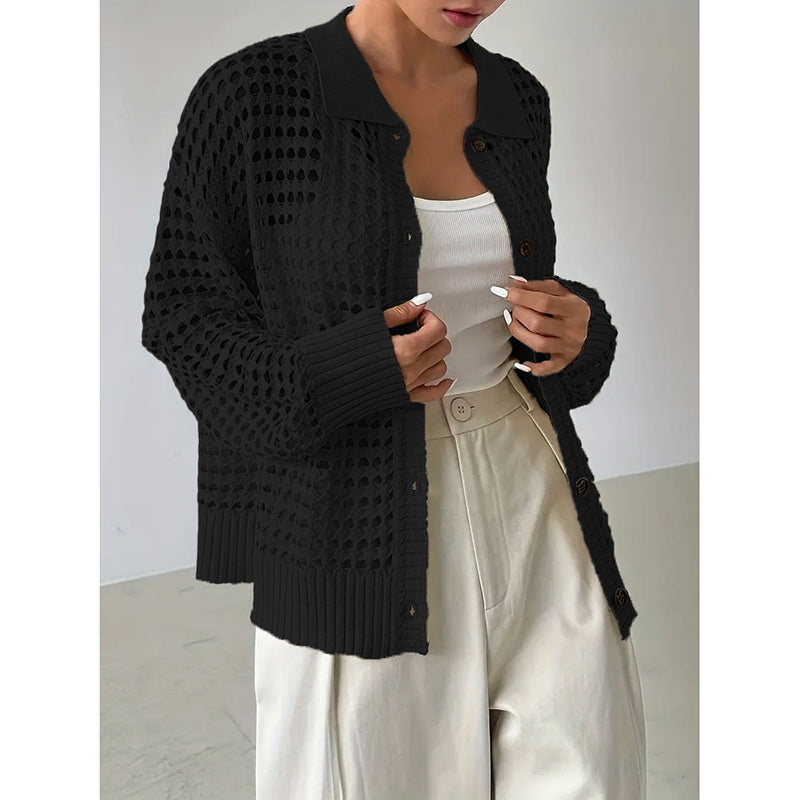 Women’s Plus Size Hollow Out Cardigan – Lightweight V-Neck Button Down Knit Coat