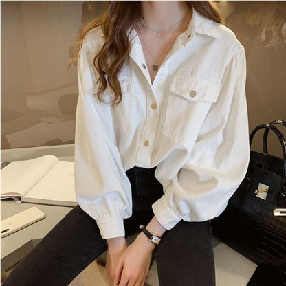 Solid-Color Korean-Style Blouse – Polo Collar Spring Outfit for Women