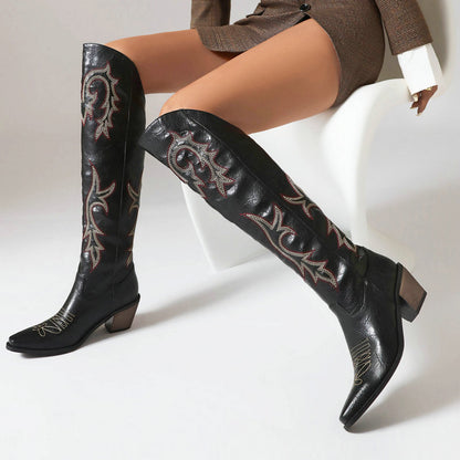 Pointy Wedge Heel Shark Buckle Knee High Boots For Women Stylish Cowboy Leather Lock Embellishment Winter High Heel Long Boots