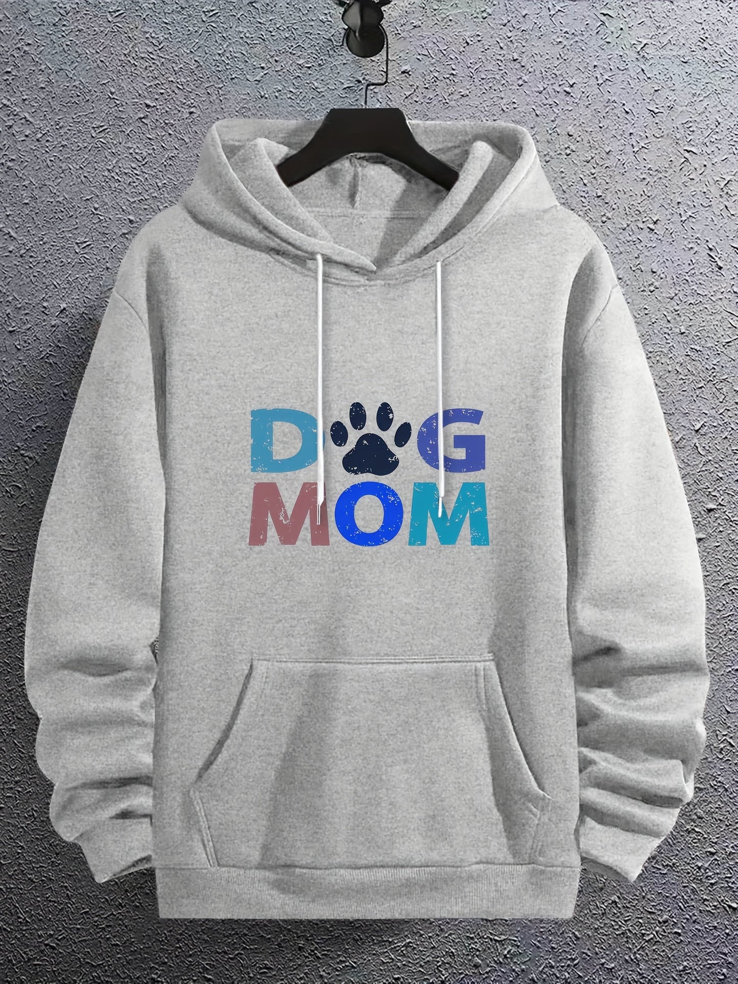 Men’s “DOG MOM” Letter Print Hoodie – Street Style Pullover with Kangaroo Pocket