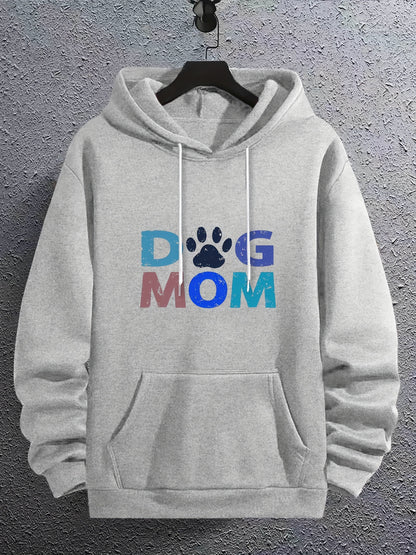 Men’s “DOG MOM” Letter Print Hoodie – Street Style Pullover with Kangaroo Pocket