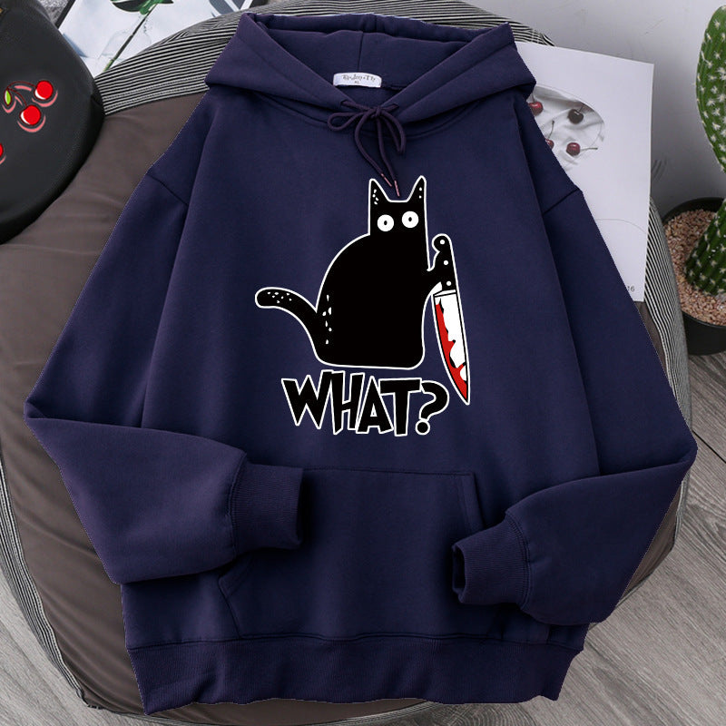 Cozy Style for Teens Killer Black Cat Patterned Wool-Lined Hoodies