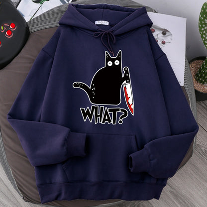 Cozy Style for Teens Killer Black Cat Patterned Wool-Lined Hoodies