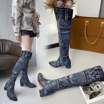 New High Heel Denim Women Knee High Boots