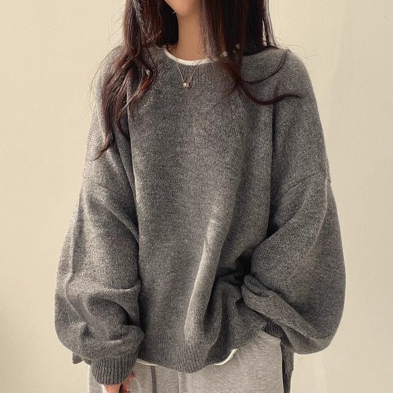 Elegant Lantern Sleeve Crew Neck Loose Pullover Sweater