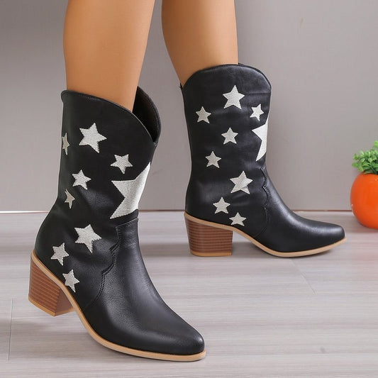 Embroidered Leather Knight Boots for Women | Chunky Heel Western Cowgirl Boots