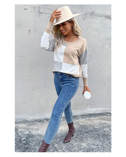 Contrast Color Stitching Pullover – Lightweight Knit Sweater for Women