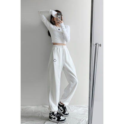 High-Waisted Cotton Streetwear Pants – Smiley Face Embroidered Casual Trousers