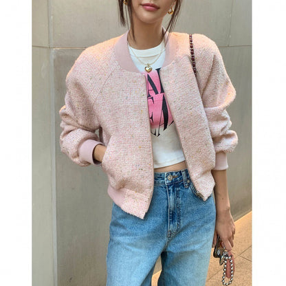 Korean Office Style Round Neck Tweed Jacket