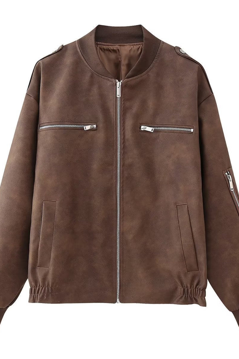 Brown leather jacket with zippers on a white background