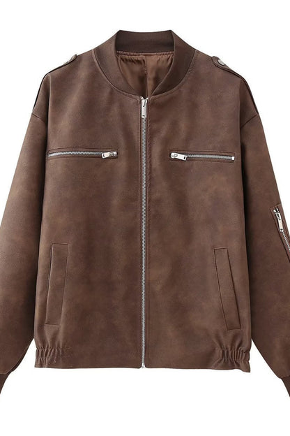 Brown leather jacket with zippers on a white background