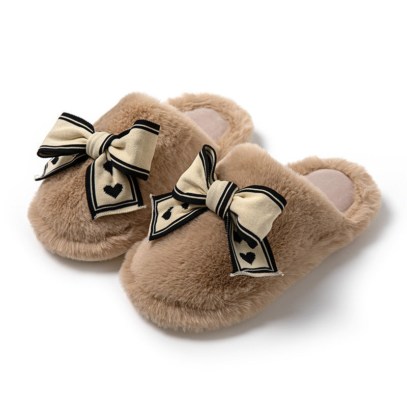 Women’s Fluffy Bowknot House Slippers – Cozy Indoor Flats