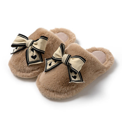 Women’s Fluffy Bowknot House Slippers – Cozy Indoor Flats