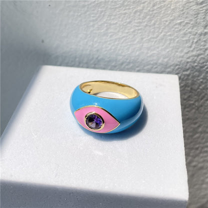Eye Drip Geometric Rings – Gold-Plated Vintage Statement Jewelry with Colorful Enamel & Stones