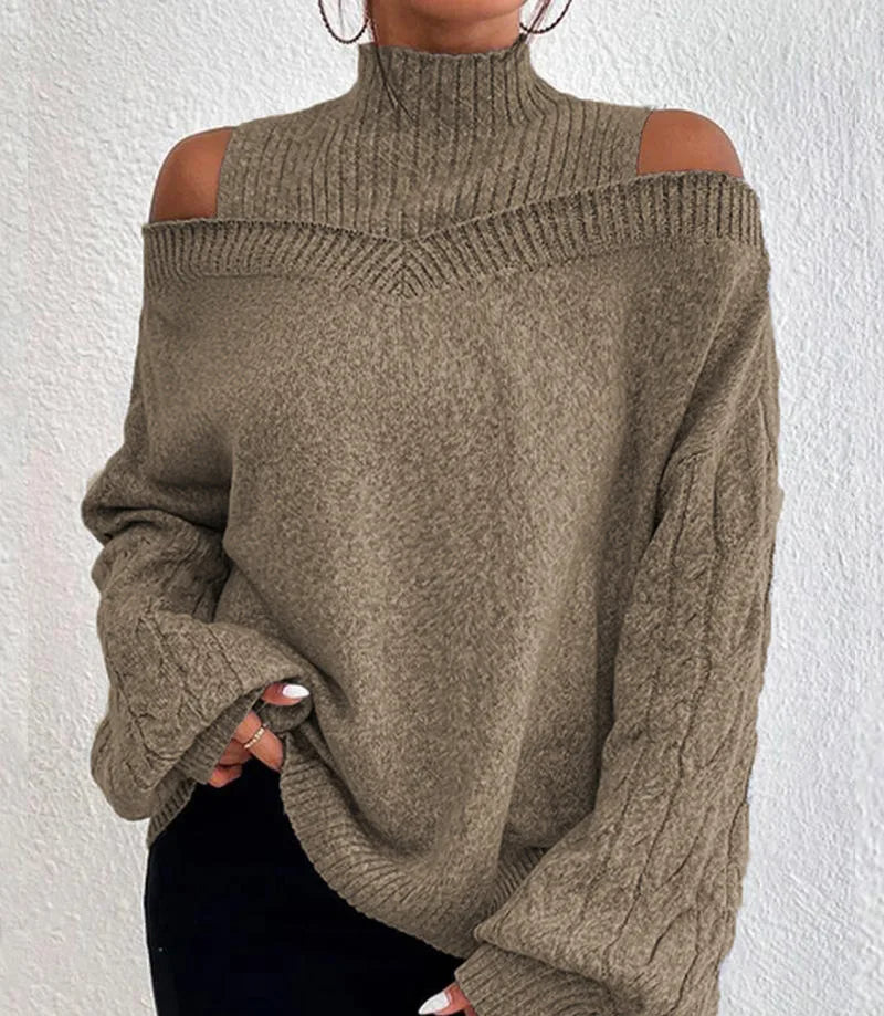 Off-Shoulder High Neck Sweater – European & American Style, Loose Fit Long Sleeve Knit Cardigan for Autumn & Winter