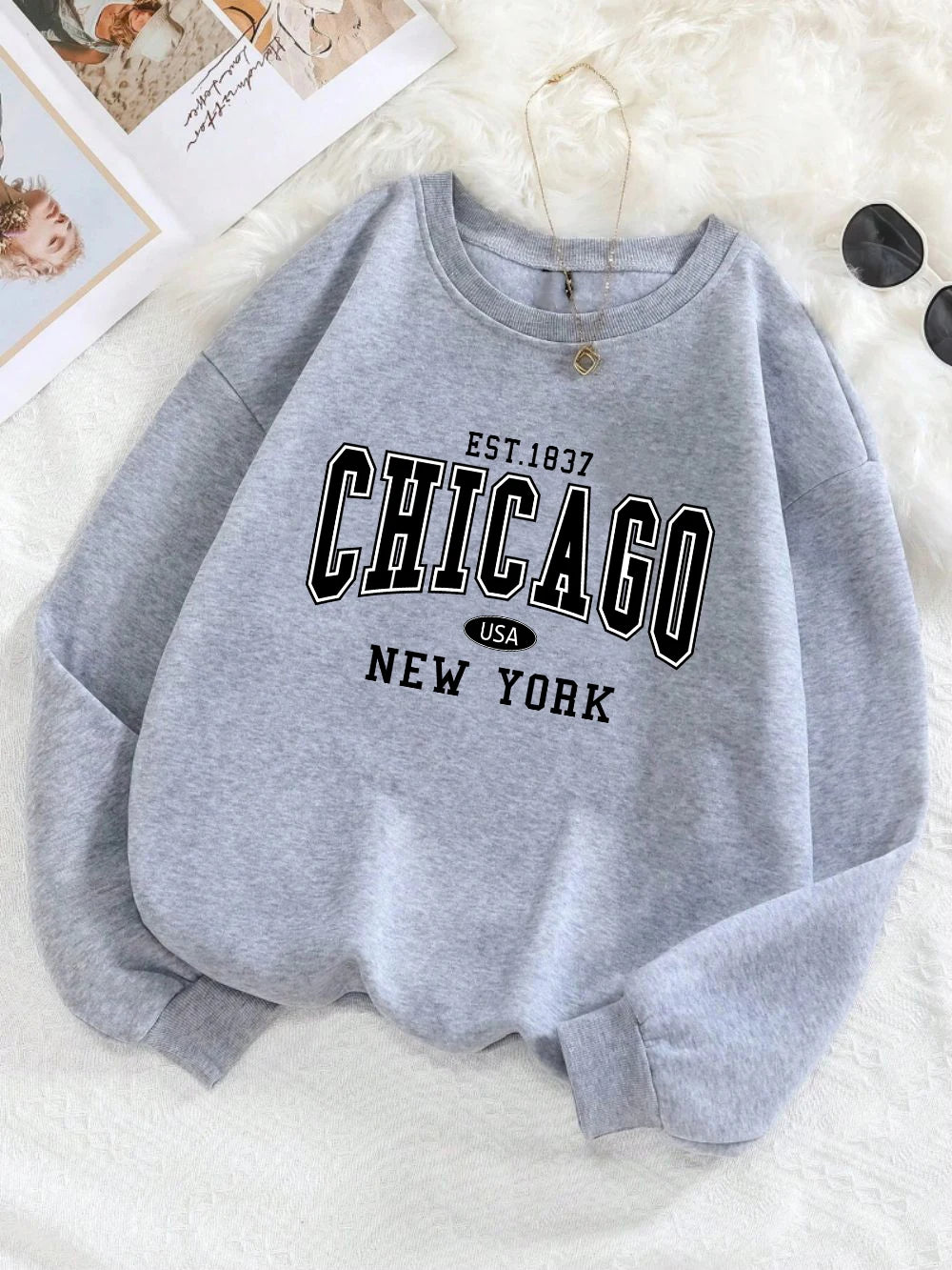 2025 Women’s Chicago New York USA Sweatshirt – White Letter Print Casual Hoodie for Winter