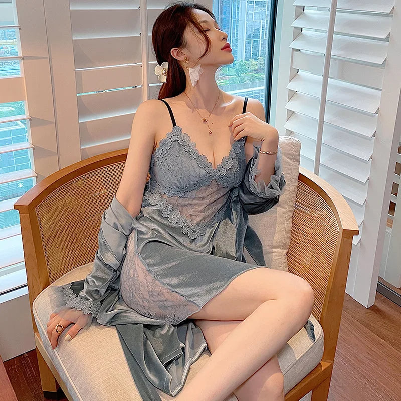 Women's Velvet Pajama Set – Elegant Lace Nightgown & Long Sleeve Robe for Cozy Winter Nights