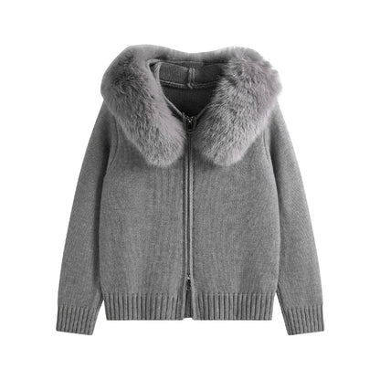 2025 Winter Sweater For Women Fox Fur Cuff Cardigan 100 Wool High Collar Pullover Soft Warm Fashion